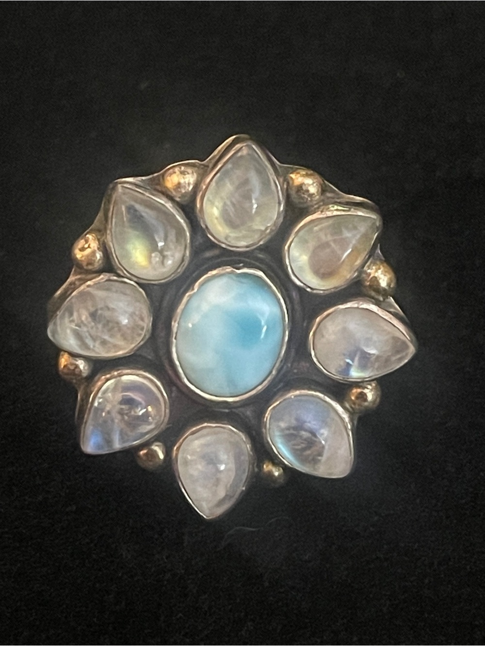 Vintage sunburst cluster sky-blue Larimar & moonstone 925 Sterling silver sz 6.5